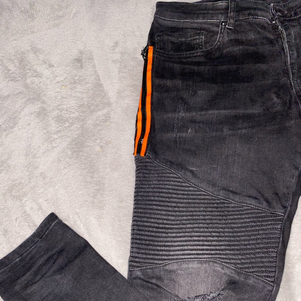 Mens zara black distressed jeans orange stripe